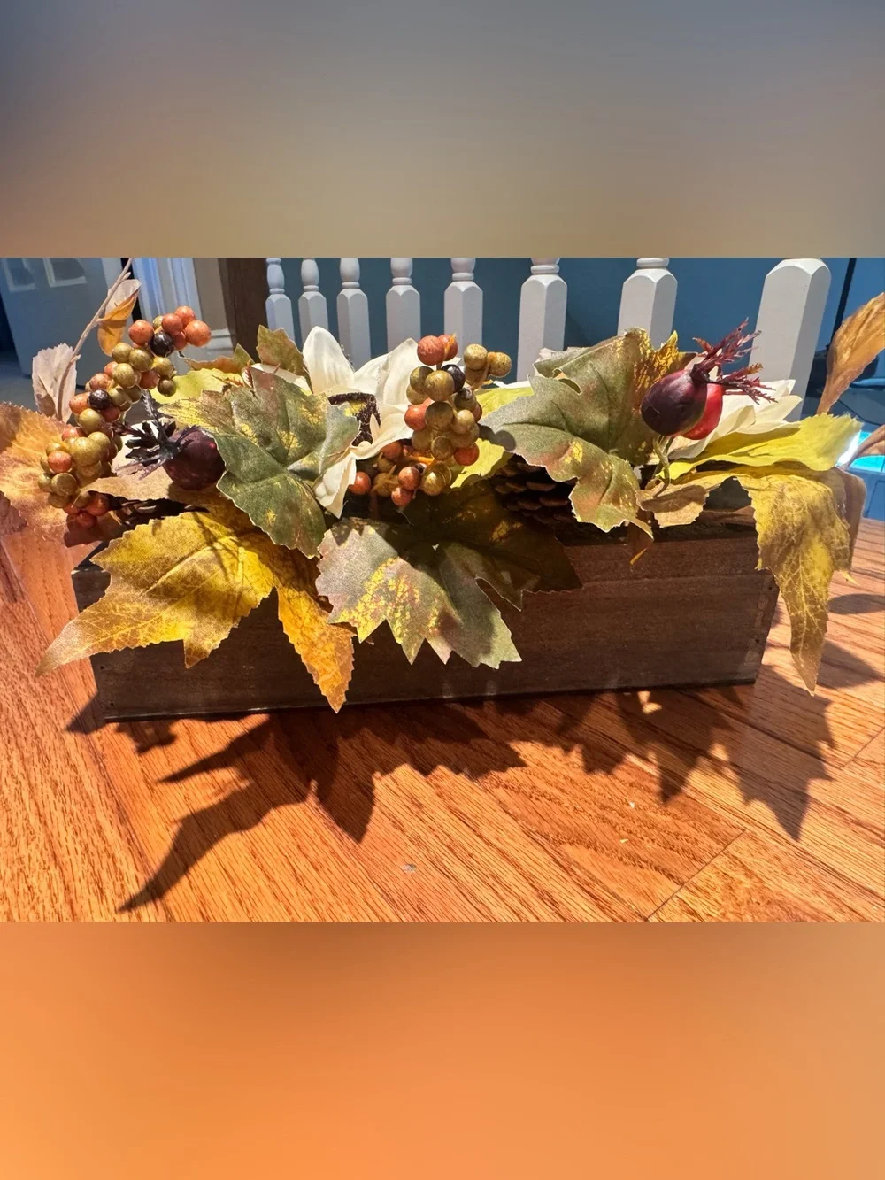 Fall floral table/mantle arrangement in wood box